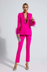 Angel Pink Feather Trim Diamond Blazer Set